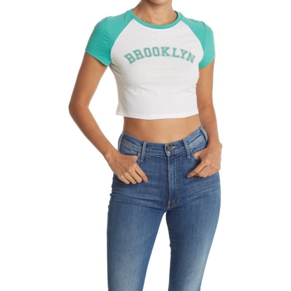 Abound Womens Size Large Raglan Brooklyn Graphic Tee Crop Top White Green 1726
